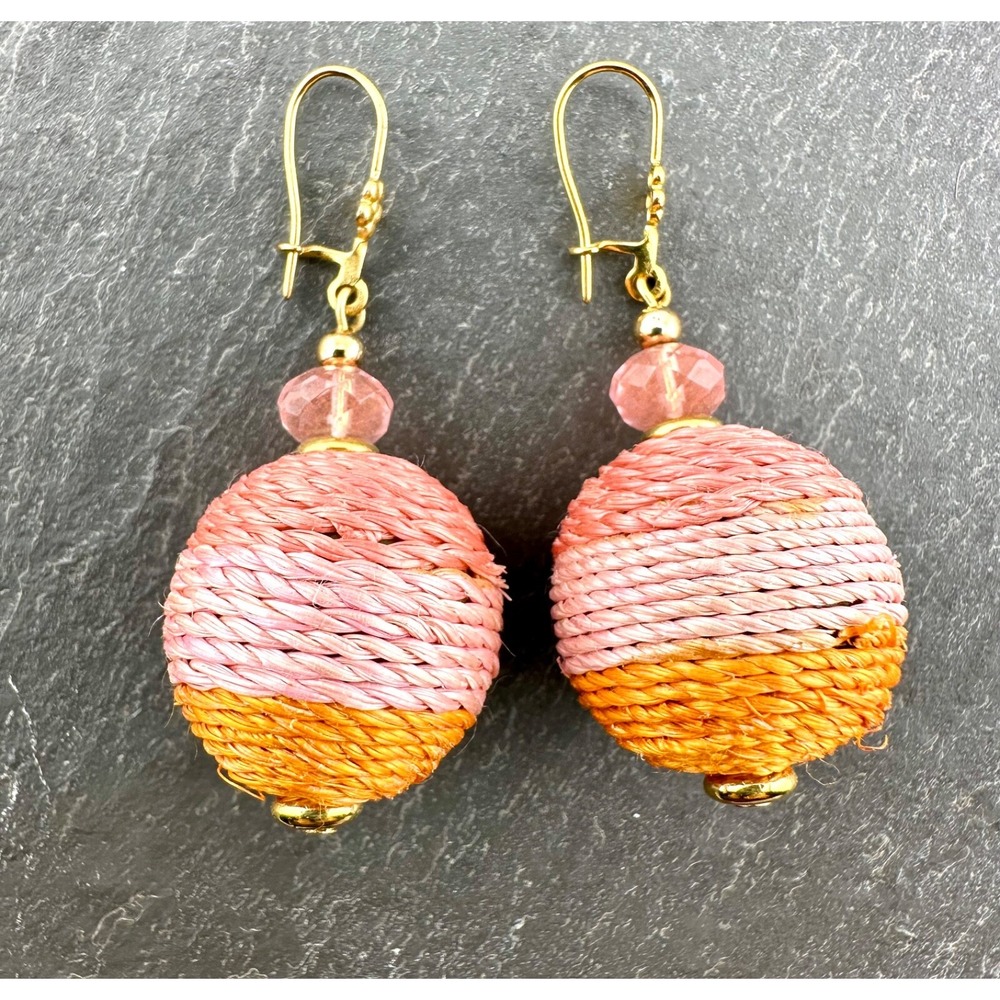 Pink & Orange Handcrafted Braided Raffia Wrapped Globe Earrings